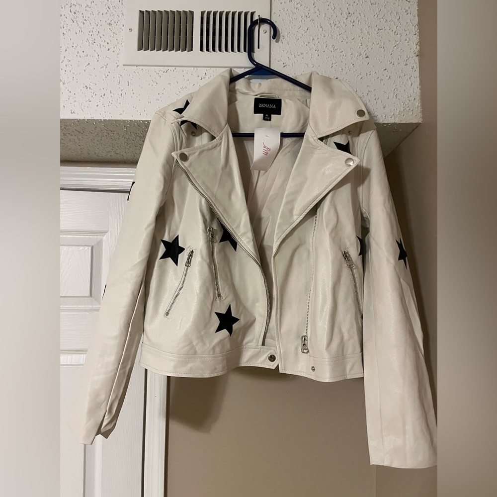 Zenana Cream Star Faux Leather Jacket